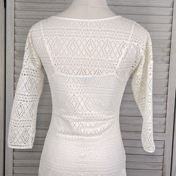 EXPRESS Crochet Overlay 3/4 Sleeve Bodycon Midi Dress White-XS - Picture 4 of 4